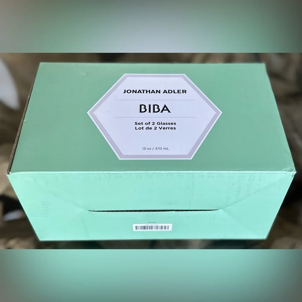 Jonathan Adler BIBA Ribbed Glassware Set of 2 NWT 13oz Aquamarine Glasses $98